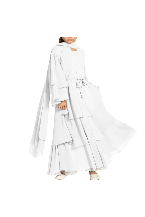 Girls Muslim Abaya Open Front Dress Layered Chiffon Long Sleeve Modest Robe with Hijab Maxi Dress Size 5-14 Years
