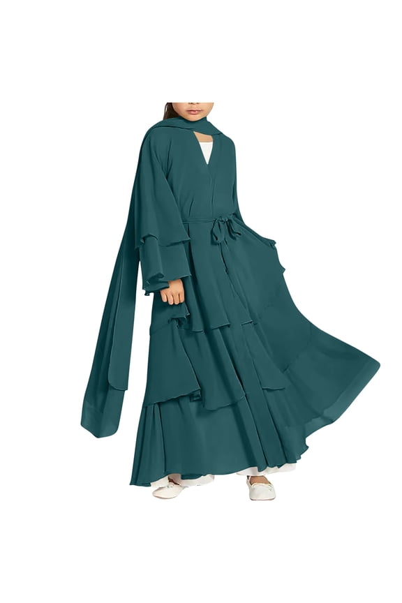Girls Muslim Abaya Open Front Dress Layered Chiffon Long Sleeve Modest Robe with Hijab Maxi Dress Size 5-14 Years