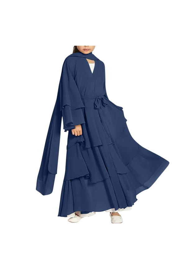 Girls Muslim Abaya Open Front Dress Layered Chiffon Long Sleeve Modest Robe with Hijab Maxi Dress Size 5-14 Years