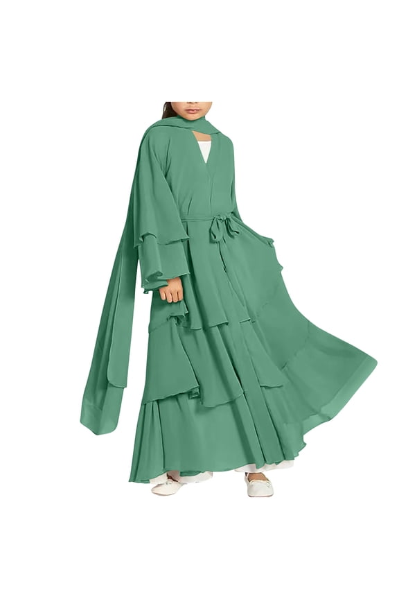 Girls Muslim Abaya Open Front Dress Layered Chiffon Long Sleeve Modest Robe with Hijab Maxi Dress Size 5-14 Years