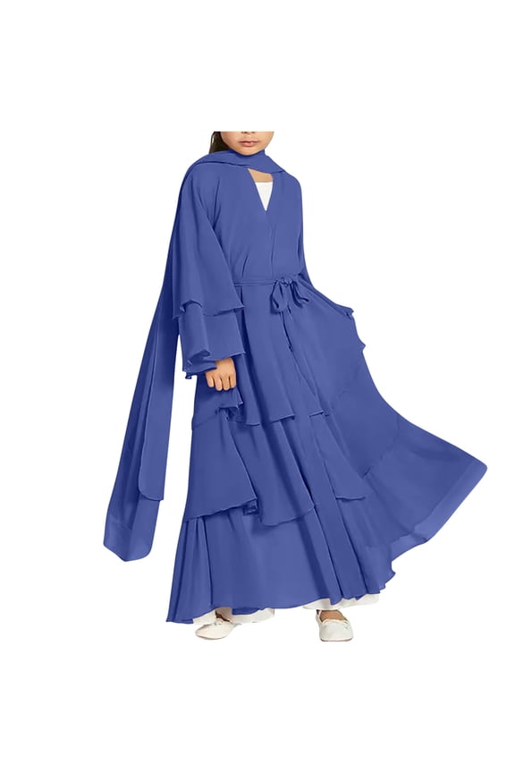 Girls Muslim Abaya Open Front Dress Layered Chiffon Long Sleeve Modest Robe with Hijab Maxi Dress Size 5-14 Years