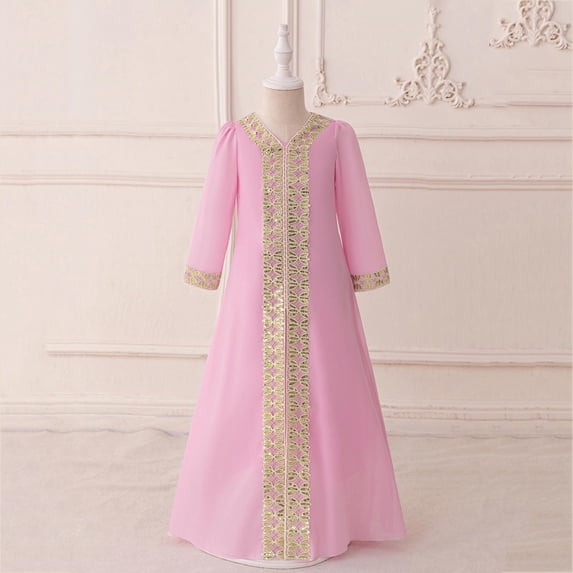 Girls Muslim Abaya Robe Long Sleeve Embroidered Prayer Dress Middle East Muslim Dubai Robe Ramadan Eid Kaftan