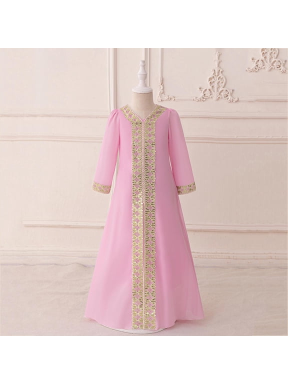 Girls Muslim Abaya Robe Long Sleeve Embroidered Prayer Dress Middle East Muslim Dubai Robe Ramadan Eid Kaftan