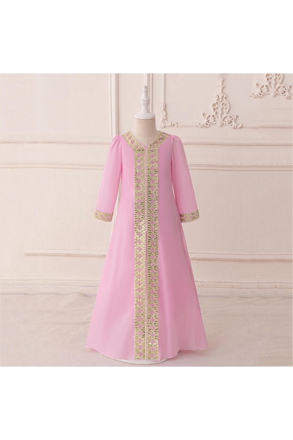 Girls Muslim Abaya Robe Long Sleeve Embroidered Prayer Dress Middle East Muslim Dubai Robe Ramadan Eid Kaftan