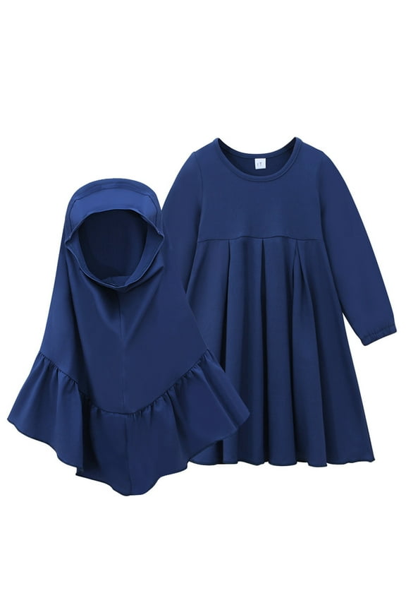 Girls Muslim Dresses Full Coverage Hijab Dresses Long Sleeve Prayer Islamic Abaya Robe Church Ramadan Outfits Set, Blue, 3 Years