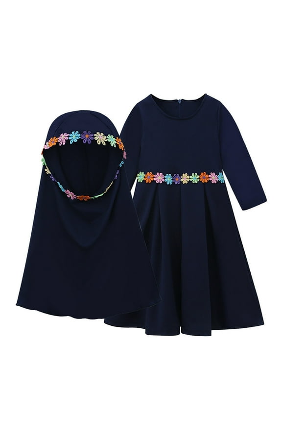 Girls Muslim Dresses Prayer Islamic Hijab Dresses Long Sleeve Kaftan Abaya Robe Church Ramadan Outfits Set, Navy, 6 Months