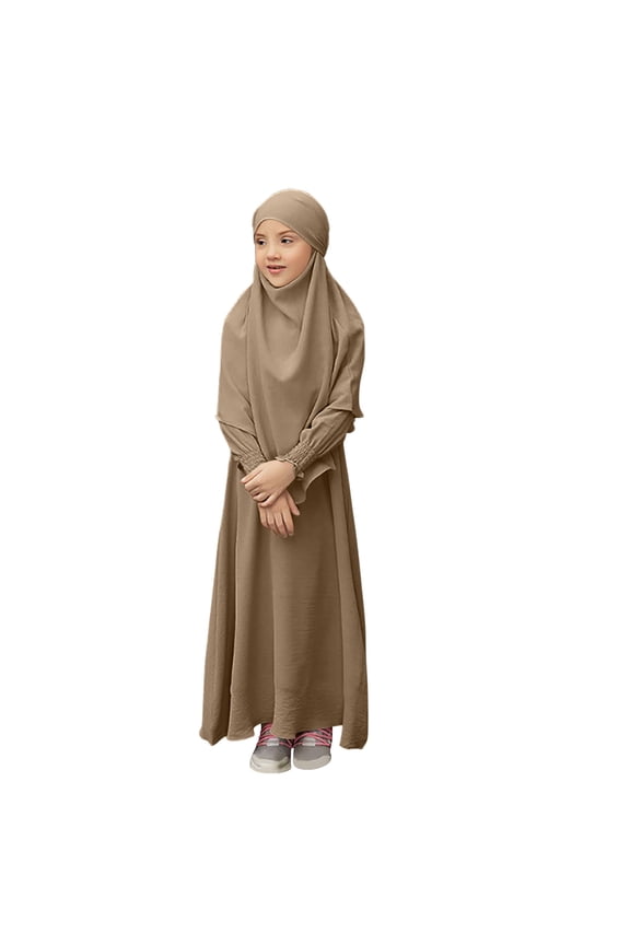 Girls Muslim Long Sleeve Dress Ramadan Abaya with Hijab Prayer Clothes Kaftan Dress Robe Size 3-12 Years