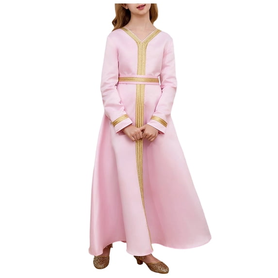Girls Muslim Ramadan Abaya Kids Long Sleeve V Neck Lace Prayer Dress Middle East Arabic Kaftan Dress with Belt Girls Maxi Dresses Size 10-12 Long Sleeve
