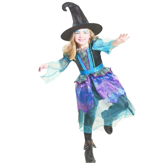 Girls Mystery Witch Child Halloween Costume Blue Sparkly Witch Medium (7-8)