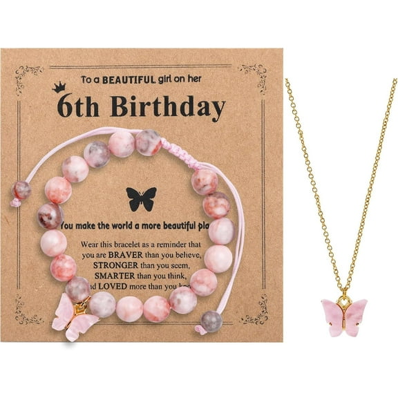 Natural Stone Beaded Bracelet Pink Butterfly Necklace 6-12 Years Old Birthday Gifts Christmas for Daughter Granddaughter Niece