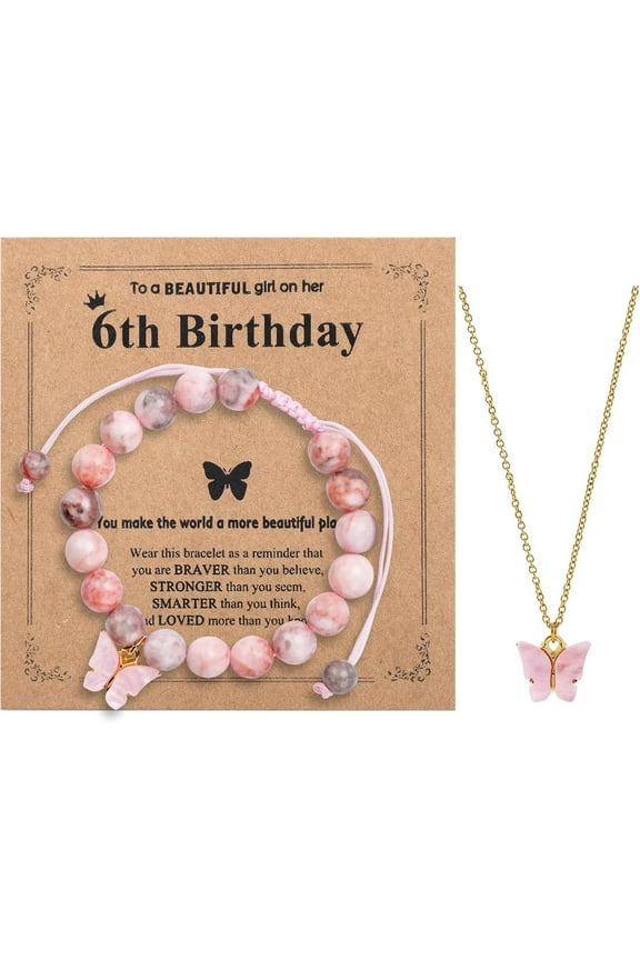 Natural Stone Beaded Bracelet Pink Butterfly Necklace 6-12 Years Old Birthday Gifts Christmas for Daughter Granddaughter Niece