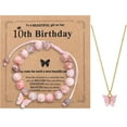 thumbnail image 1 of Natural Stone Beaded Bracelet Pink Butterfly Necklace 6-12 Years Old Birthday Gifts Christmas for Daughter Granddaughter Niece, 1 of 6
