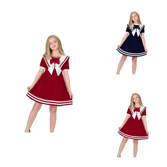 Girls Nautical Sailor Dress for Ages 2-14, Lightweight Short Sleeve Summer Casual Dress with Sailor Collar, for School, Daily Wear, Spring & Summer Outfits