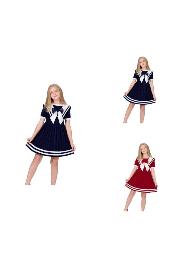 Girls Nautical Sailor Dress, Lightweight Summer Short Sleeve Casual Gown for Kids Toddlers 2-14 Years