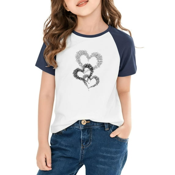 Girls Navy Baseball Tee, Double Heart Graphic Soft Stretch Kids Shirt, Casual Summer Top for 4-14 Years,Size 4 T