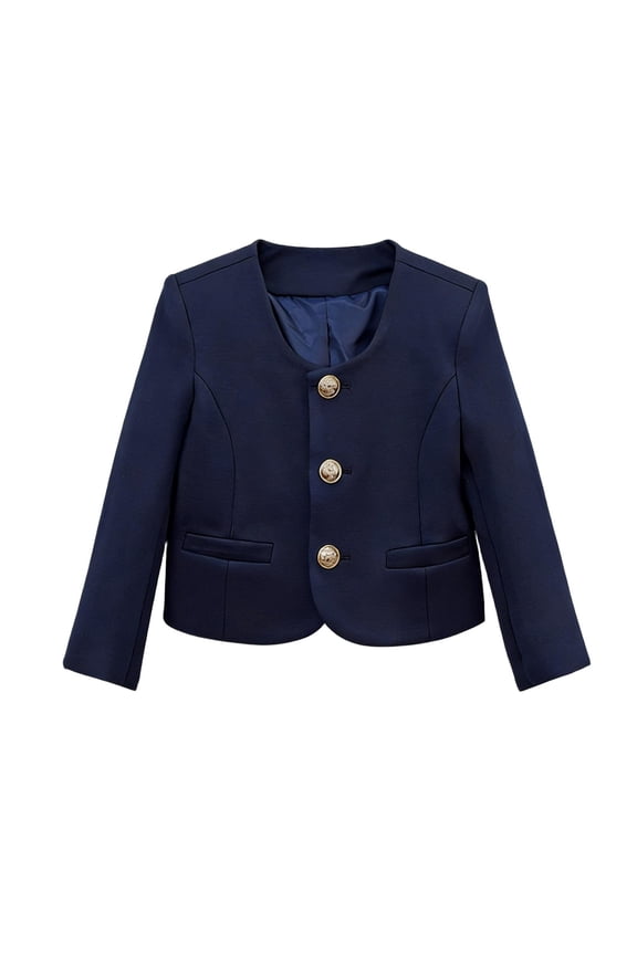 Girls Navy Blazer Jacket, Collarless with Gold Buttons, Cotton School Uniform & Dressy Cropped Blazer for Kids to Big Kids (2-12 Years),Size 11-12 T