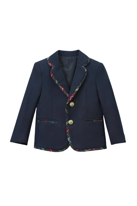 Girls Navy Blue Blazer with Plaid Trim 100% Cotton Preppy School Blazer for Kids Church Special Occasions,Size 2-3 T