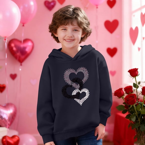 Girls' Navy Blue Hoodie Oversized, Cute Heart Lace Print Pullover Long Sleeve Casual Sweatshirt for Kids,Size 5 T