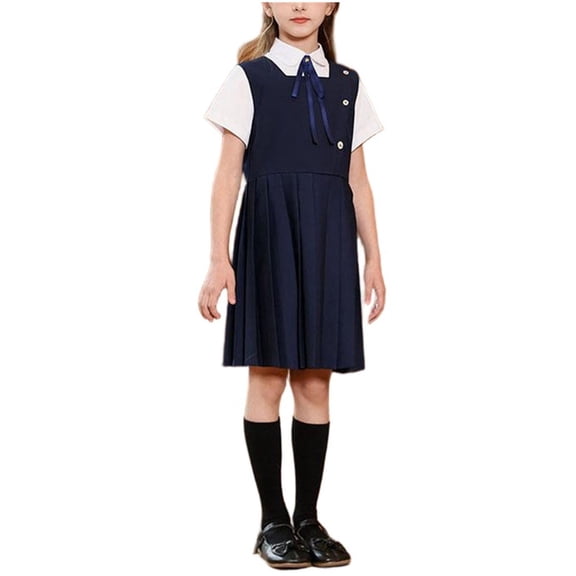 Girls Navy Blue School Uniform Jumper Dress Set, Preppy Pleated Pinafore Outfit with Shirt & Tie for Church Easter, Sizes 3-15 Years,Size 5-6 T