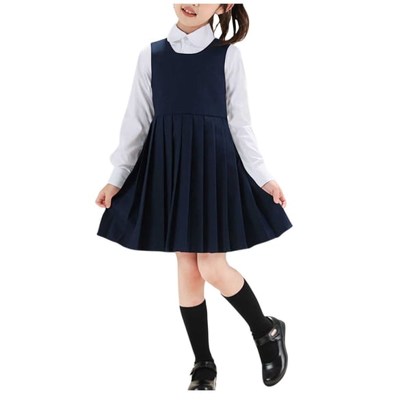 Girls Navy Blue School Uniform Set, 2-Piece Jumper & Long Sleeve Shirt, Pleated Dress Outfit for Girls, Stretch Comfort Fit, Sizes 3-4 to 14-15 Years,Size 11-12 T