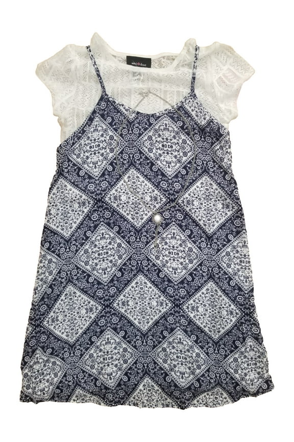 Girls Navy Blue & White Lace Top & Floral Dress w/ Matching Necklace Outfit 7