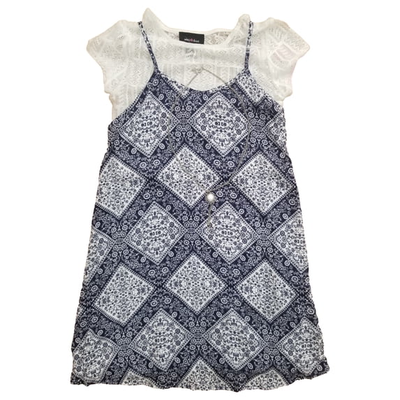 Girls Navy Blue & White Lace Top & Floral Dress w/ Matching Necklace Outfit 7