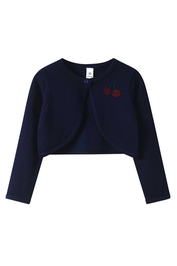 Girls Navy Cherry Rhinestone Cropped Bolero Cardigan - Knit Open Front Shrug,Size 5-6T