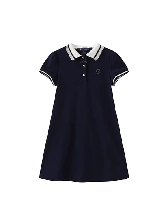 Girls Navy Ruffle Collar Polo School Uniform Dress, Short Sleeve Embroidered A-Line Back to School Casual Kids Dress(Dark Blue,5-6 Years)