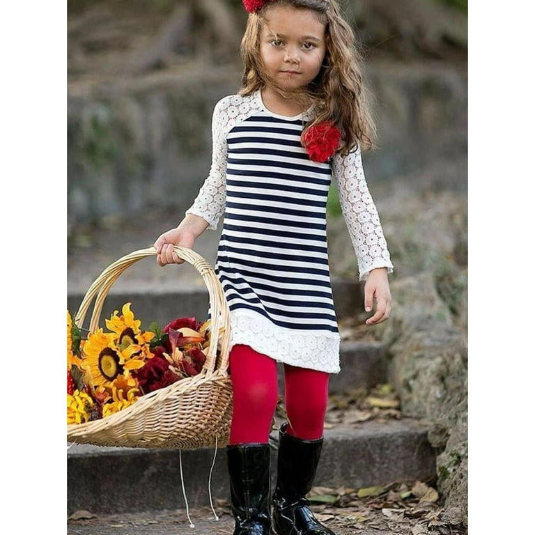 Girls Navy Striped Lace Raglan Sleeve Tunic & Red Leggings Set, Navy/Red,  Size: 4T/5Y 