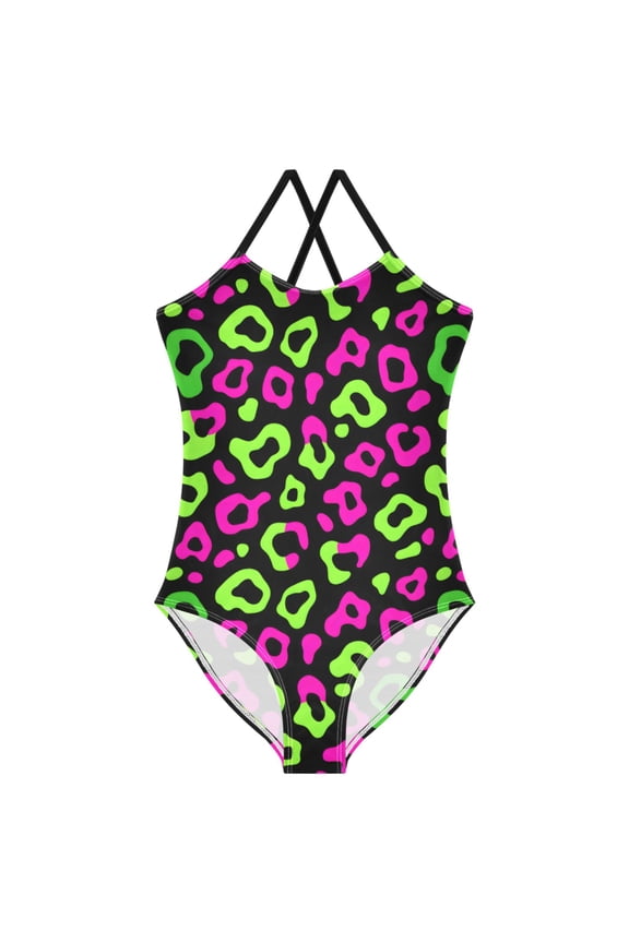 Girls Neon Leopard Pattern Print One Piece Swimsuit, Cross Back Spaghetti Strap Bathing Suit for Kids Summer Beach Pool Swimwear 9-10T