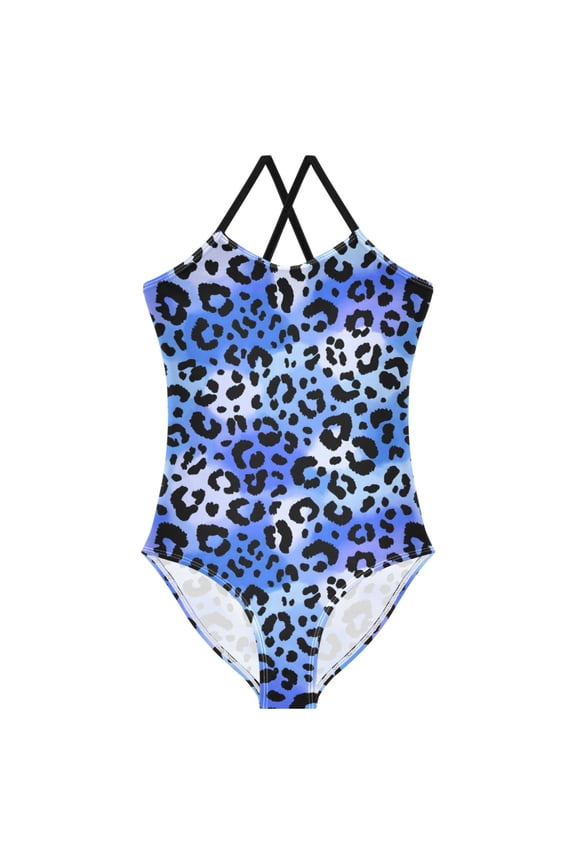 Girls Neon Leopard Print One Piece Swimsuit, Cross Back Spaghetti Strap Bathing Suit for Kids Summer Beach Pool Swimwear 7-8T