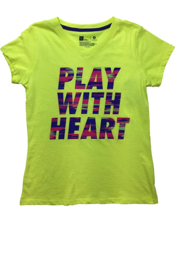 Girls Neon Yellow & Purple Play With Heart Inspirational Tee Shirt T-Shirt L 14