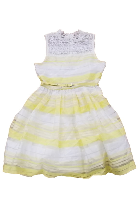 Girls Neon Yellow & White Lace Striped Summery Sleeveless Dress w/ Belt 14