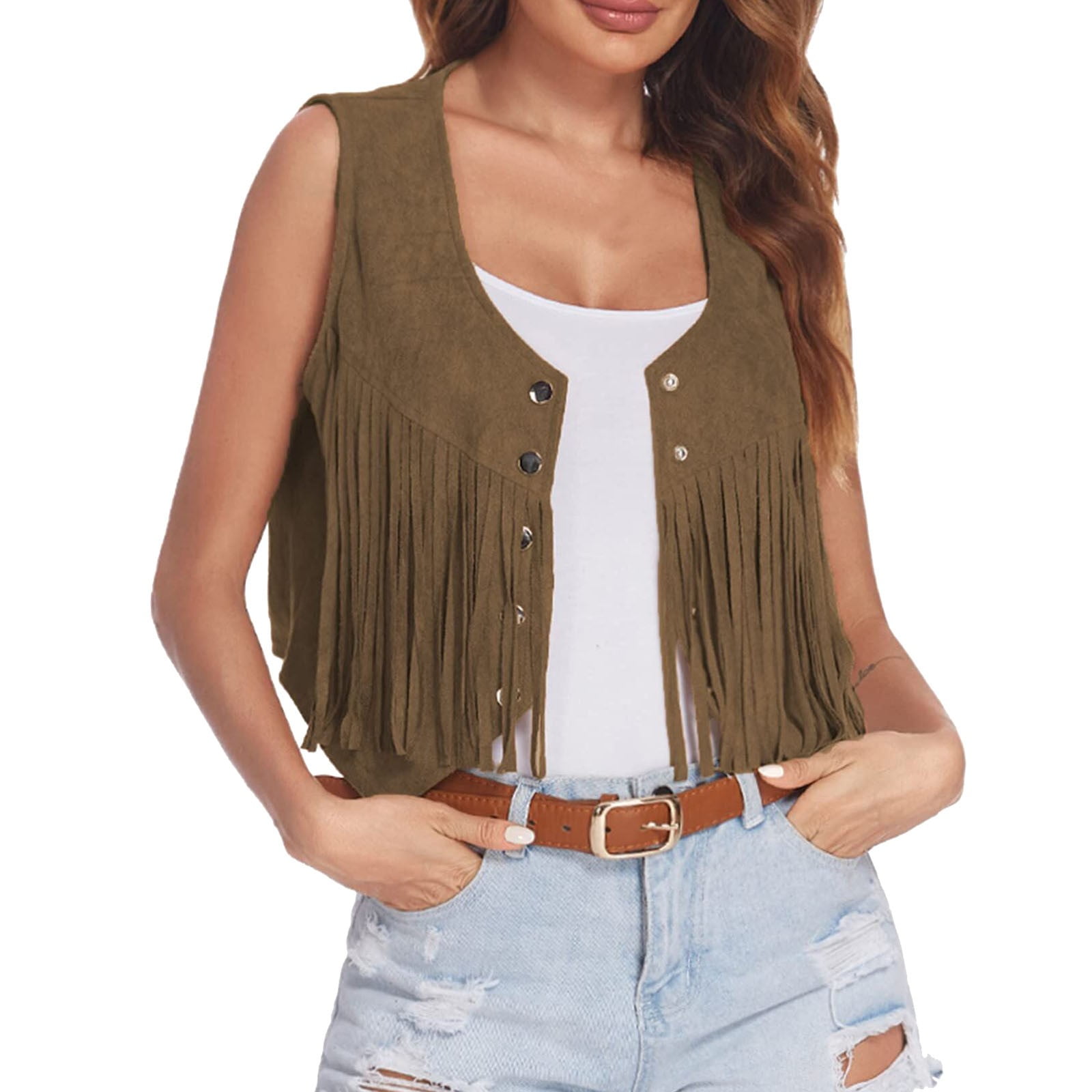 Womens Jackets Fringe Vest Suede Open-Front Vintage Vest