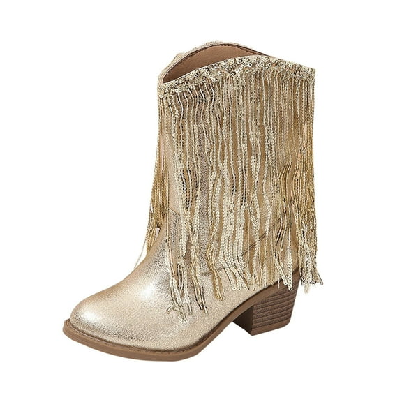 Girls New Solid Color Leather Fashion Children Western Cowboy Boots Autumn And Winter Casual Kids Tassel Boots Gold