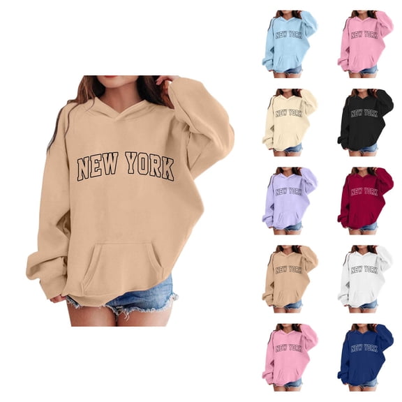 Girls New York Hoodies Long Sleeve Fall Winter Casual Graphic Hooded Sweatshirt with Pockets Kids Pullover Tops