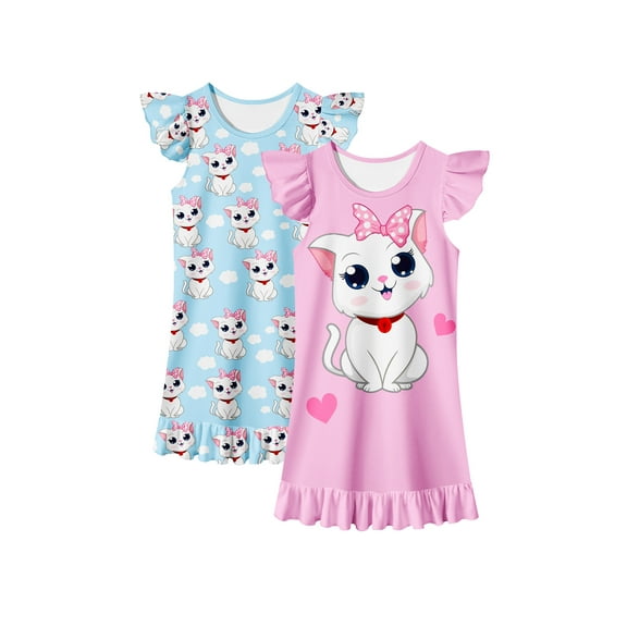 Girls Nightgowns 2-Pack Flutter Sleeve Pajama Dress Princess Unicorn Sleepwear for Toddler to Big Kids