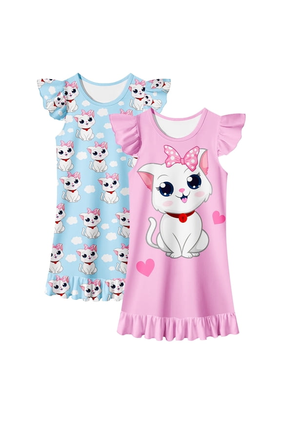 Girls Nightgowns 2-Pack Flutter Sleeve Pajama Dress Princess cat Sleepwear for Toddler to Big Kids