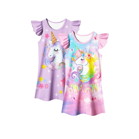 Girls Nightgowns 2-Pack Flutter Sleeve Pajama Dress Princess Unicorn Sleepwear for Toddler to Big Kids