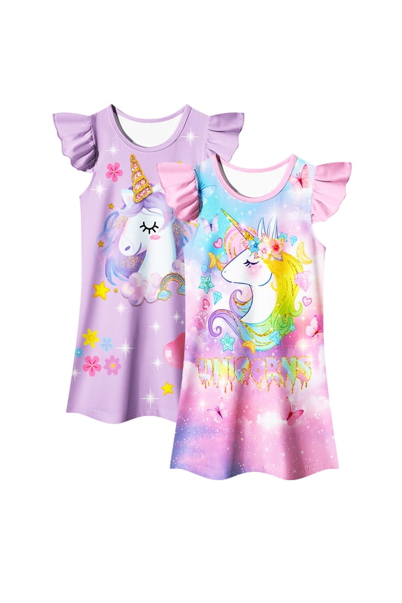 Girls Nightgowns 2-Pack Flutter Sleeve Pajama Dress Princess Unicorn Sleepwear for Toddler to Big Kids