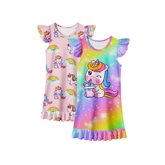 Girls Nightgowns 2-Pack Flutter Sleeve Pajama Dress Princess Unicorn Sleepwear for Toddler to Big Kids