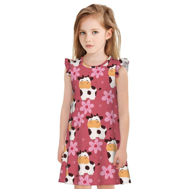 Girls Nightgown with Flutter Short Sleeves Cow And Flower Night Dress