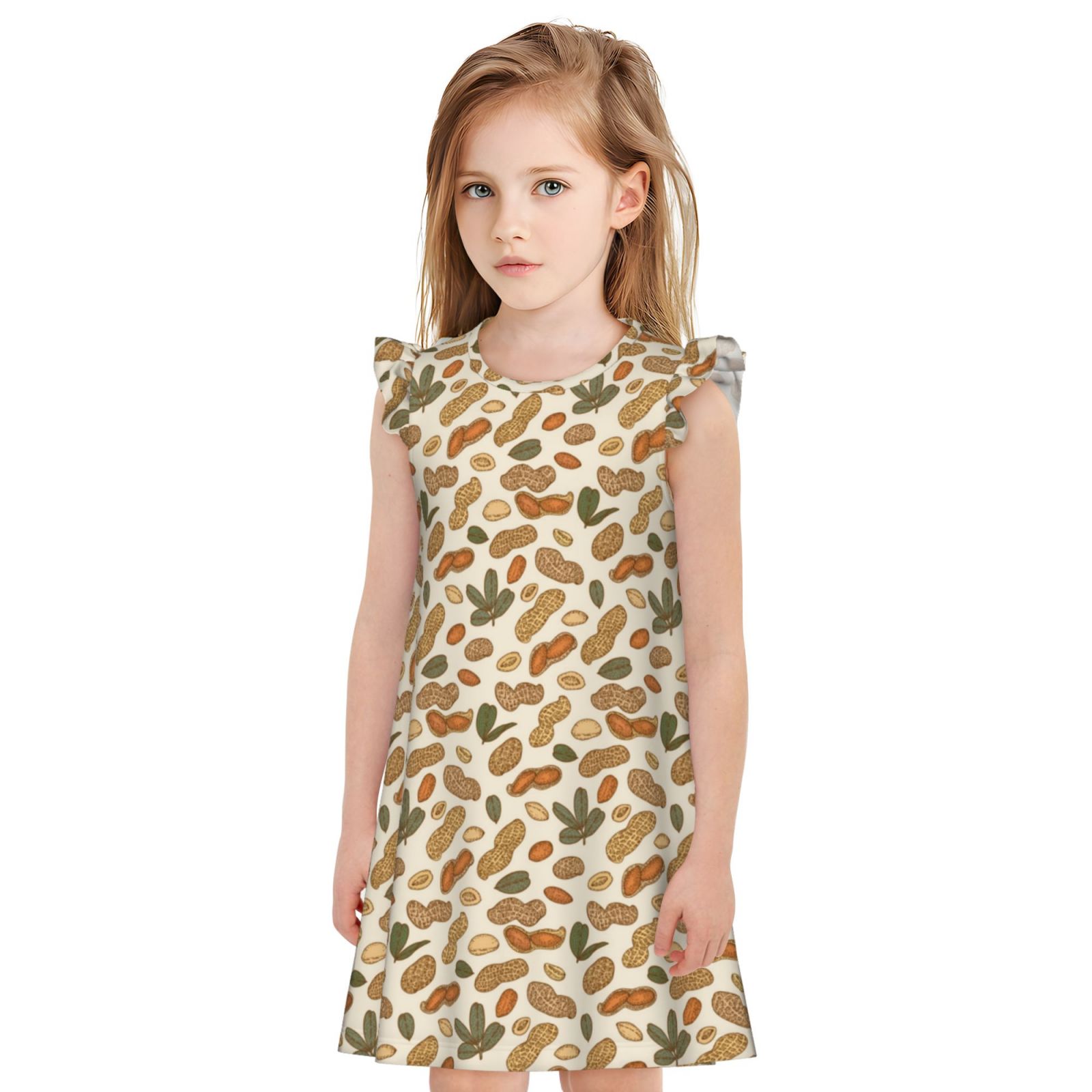 Girls Nightgown with Flutter Short Sleeves Set With Peanut Night Dress