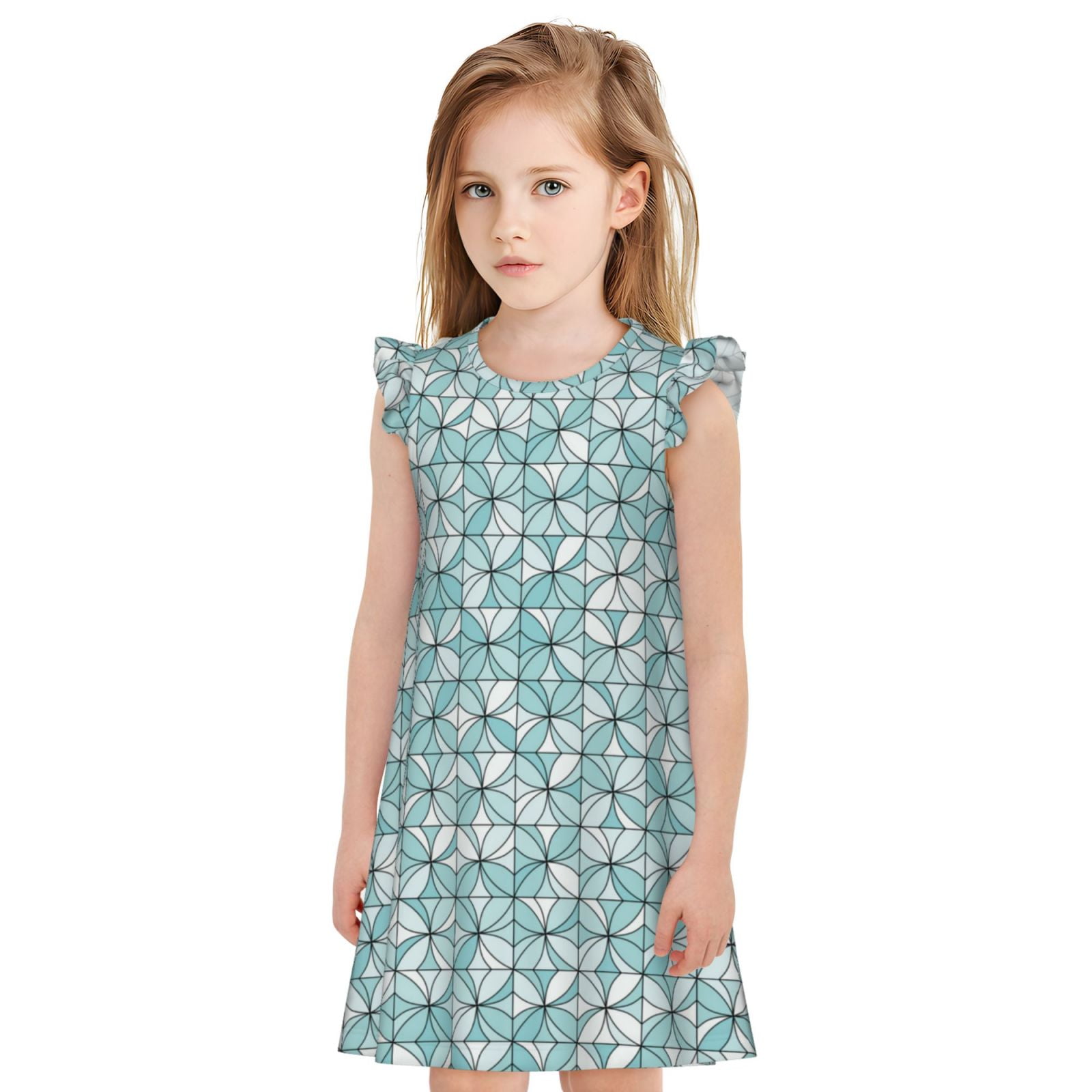 Girls Nightgowns Abstract blue floral Flutter Sleeves Sleepwear Night