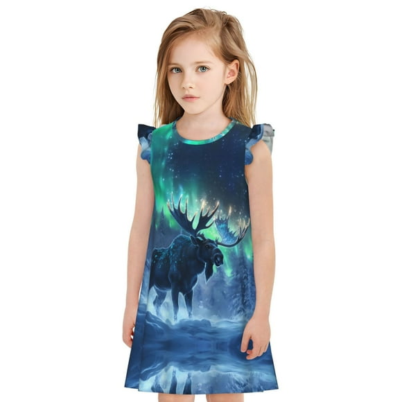 Girls Nightgowns - Aurora Mystical Winter Moose A Soft Comfort Flutter Sleeves Night Sleep Dress Sleepwear for Toddler Girl Pajamas Pjs