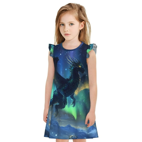 Girls Nightgowns - Aurora Night Sky Dragon Flutter Sleeves Sleepwear Night Sleep Dress for Toddler Girl Pajamas Pjs