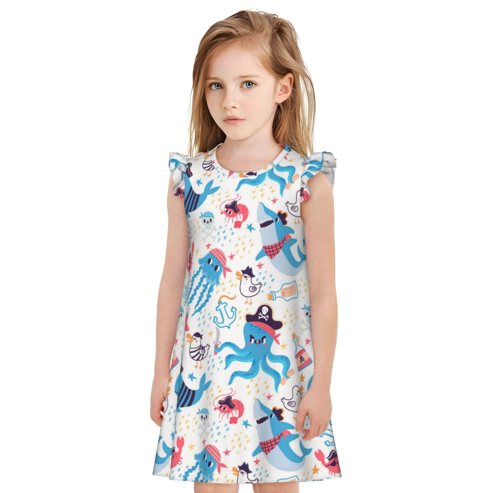 Girls Nightgowns Cute Pirate Shark Whale Octopus Flutter Sleeves
