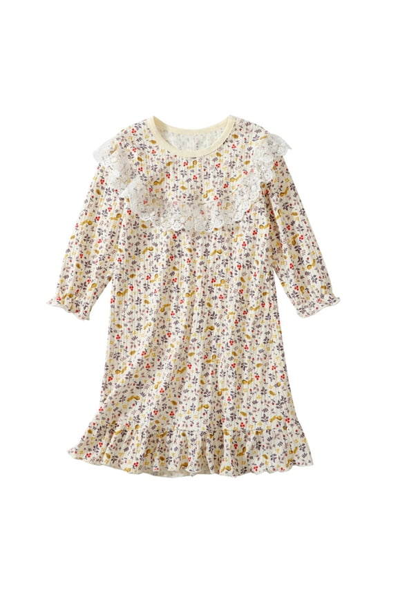 Girls' Nightgowns Floral Print Long Sleeve Ruffle Pajamas Sleep Dress Soft Cotton Lounge Pjs Homewear (14 Years, Brown)