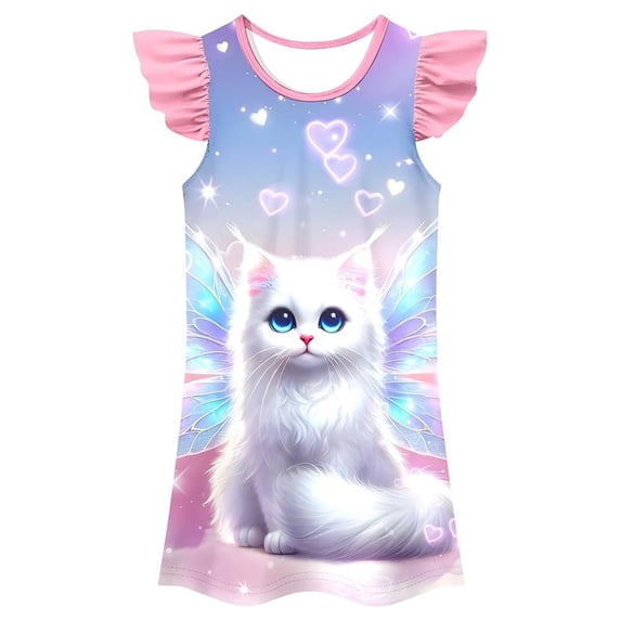 Girls Nightgowns Flutter Sleeve Sleep Shirts Kids Pajamas Cute Fashion Flutter Sleeve Graphic Print Night Sleep Dress Pajamas Dress for Kids Summer