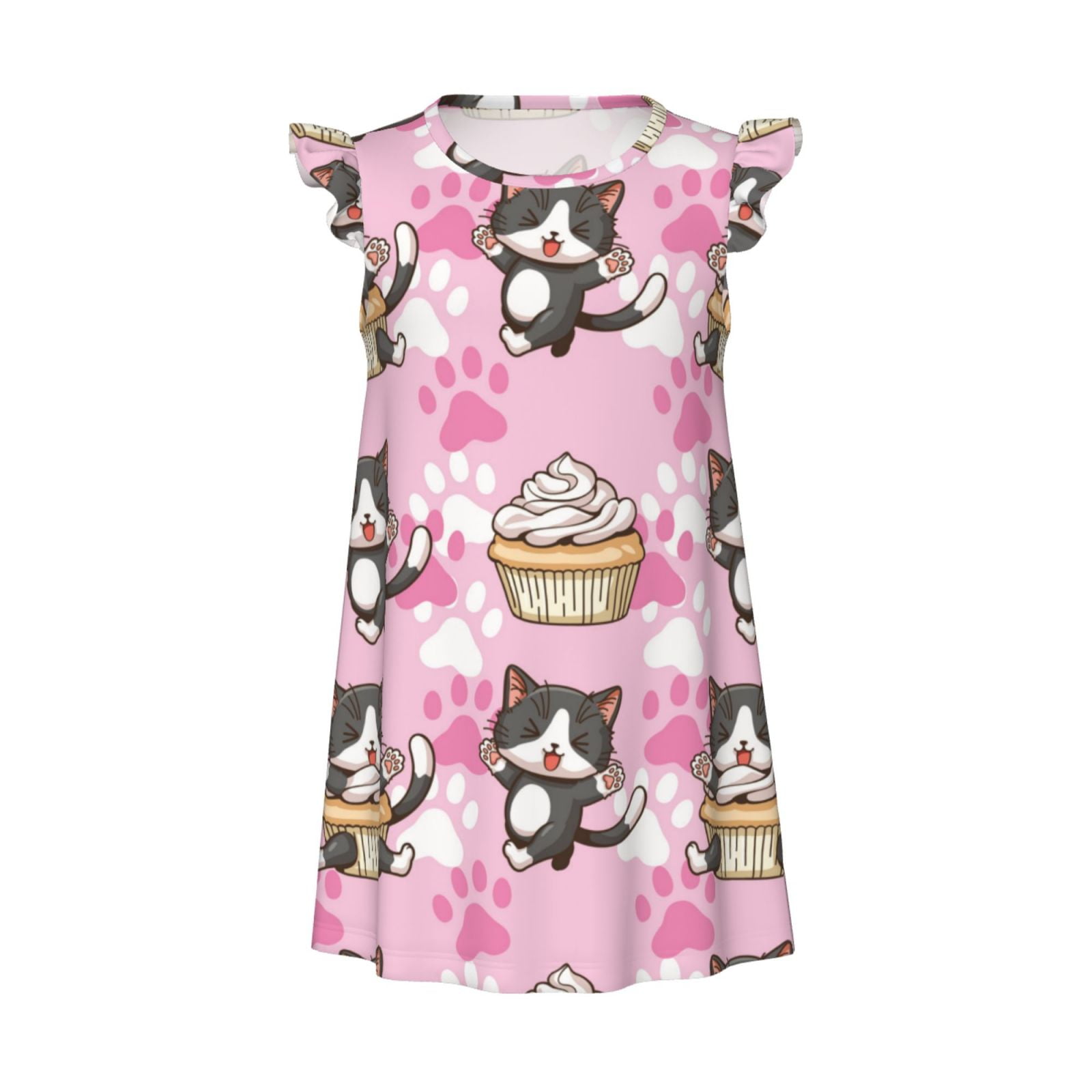 Girls Nightgowns Funny Cute Cat Ice Cream Pink Short Sleeves Dress